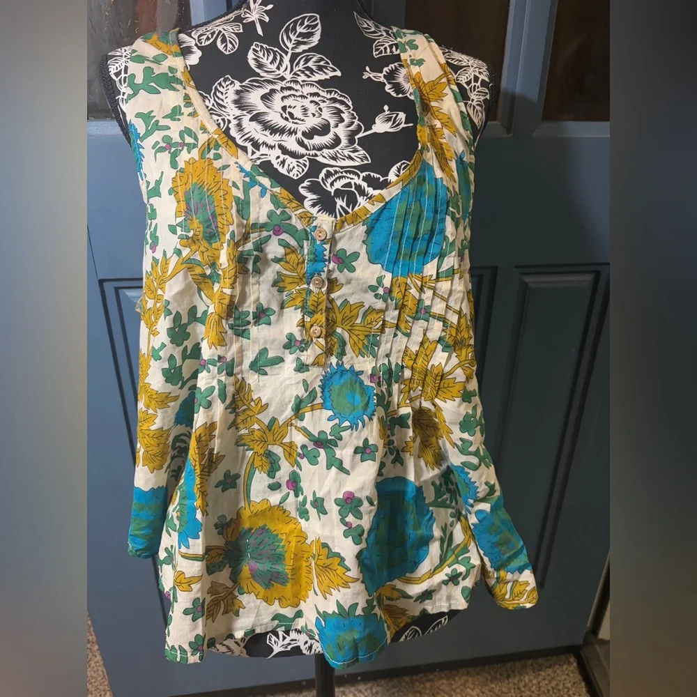 NWT- Savannah Cotton Sleeveless Top - Ochre Leafy Floral - Picture 4 of 13